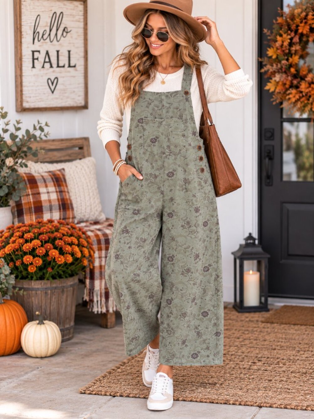 Easel Olive Floral Wide Leg Overall Jumpsuit Boho Large Cotton Denim NWT
